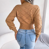 Cutout Plaid Long-Sleeve Cropped Knit Sweater