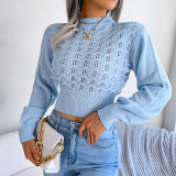 Solid Color Hollow Striped Lantern Sleeves Exposed Navel Knitted Sweater
