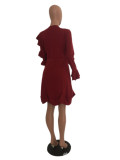 Fashion Solid Color Ruffle Round Neck Dress