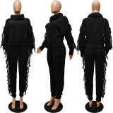 Fashion Casual Solid Color Knit Long Sleeve High Neck Tassel Set