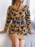 High-neck Leopard-print Long-sleeved Knitted Bottoming Dress