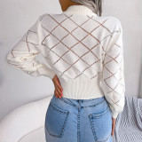Cutout Plaid Long-Sleeve Cropped Knit Sweater