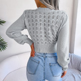 Solid Color Hollow Striped Lantern Sleeves Exposed Navel Knitted Sweater