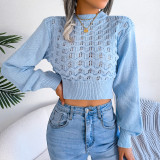 Solid Color Hollow Striped Lantern Sleeves Exposed Navel Knitted Sweater