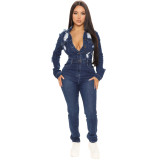 Fashion Casual Button Long Sleeve Sexy Denim Ripped Jumpsuit