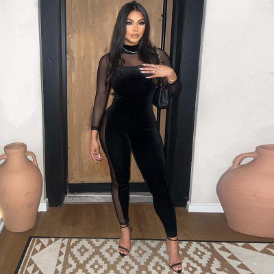 Fashion See-through Sexy Round Neck Stitching Long-sleeved Jumpsuit