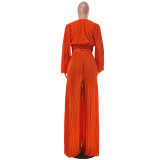 Autumn And Winter Pleated Sexy V-neck Top Wide-leg Pants Casual Suit