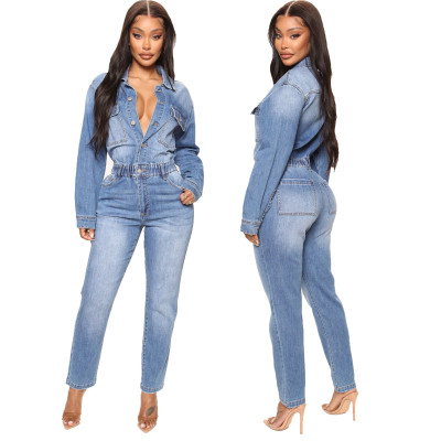 Slim Fit Elastic Skinny Denim Jumpsuit