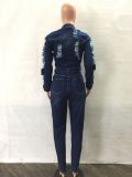Fashion Casual Button Long Sleeve Sexy Denim Ripped Jumpsuit