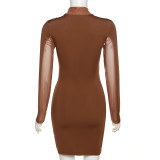 Fashion Round Neck Long Sleeve Sexy Perspective Slim Body Pack Hip Dress