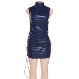 Fashionable Round Neck Sleeveless Drawstring Hip Cover Faux Leather Dress