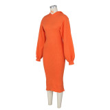 Fashion Slit Lantern Sleeve Hooded Knit Dress