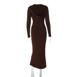 Solid Color Deep V Slim Body Long-sleeved Hooded All-match Hip Dress
