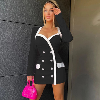 Autumn And Winter Square Neck Double Breasted Long Sleeve Dress