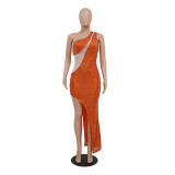 New Perspective Mesh Splicing Sequins Oblique Shoulder Slim High Slit Dress
