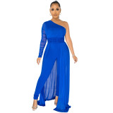Sexy Mesh See-through One-shoulder Diagonal Collar Long-sleeved Jumpsuit