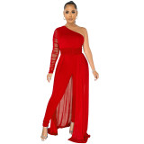 Sexy Mesh See-through One-shoulder Diagonal Collar Long-sleeved Jumpsuit