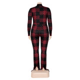 Fashion Print Long Sleeve Slim Casual Flare Open Jumpsuit