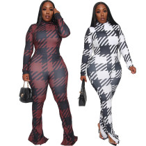 Fashion Print Long Sleeve Slim Casual Flare Open Jumpsuit