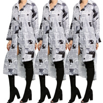 Asymmetric Newspaper Print Casual Shirt Dress