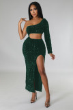 Diagonal Collar Hollow Long Sleeve High Slit Sequined Sexy Dress