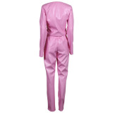 New PU Solid Color Long-sleeved Casual Two-piece Suit
