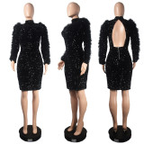 Fashion Bag Hip Hollow Long Sleeve Feather Sequins Slim Dress