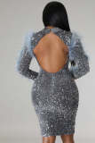 Fashion Bag Hip Hollow Long Sleeve Feather Sequins Slim Dress