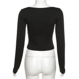 Fashion Square Neck Long Sleeve Cropped Slim Solid Color T-Shirt