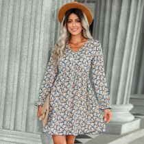 Fashion Long Sleeve Printed V-Neck Dress