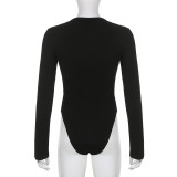 Solid Color Ribbed Breasted V-neck Long-sleeved Sexy Stretch Slim Bodysuit