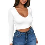 Solid Color Sexy Short Low Cut Navel Exposed Tight Long Sleeve T-shirt
