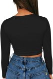 Solid Color Sexy Short Low Cut Navel Exposed Tight Long Sleeve T-shirt