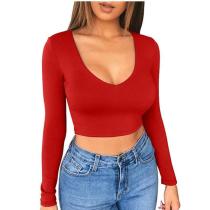 Solid Color Sexy Short Low Cut Navel Exposed Tight Long Sleeve T-shirt