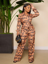 Single-breasted Lapel Letter Print Straps Drawstring Jumpsuit