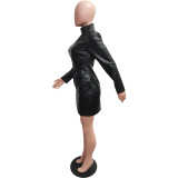 Solid Color PU Leather Long Sleeve Pocket Zipper Dress