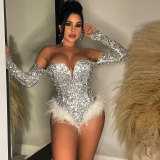 Sexy Slim Feather Sequin Jumpsuit