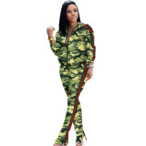 Fashion Camouflage Print Zipper Slit Trousers Set