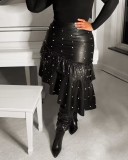 Fashion Solid Color Splicing Beaded Leather Skirt