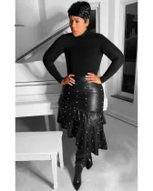 Fashion Solid Color Splicing Beaded Leather Skirt