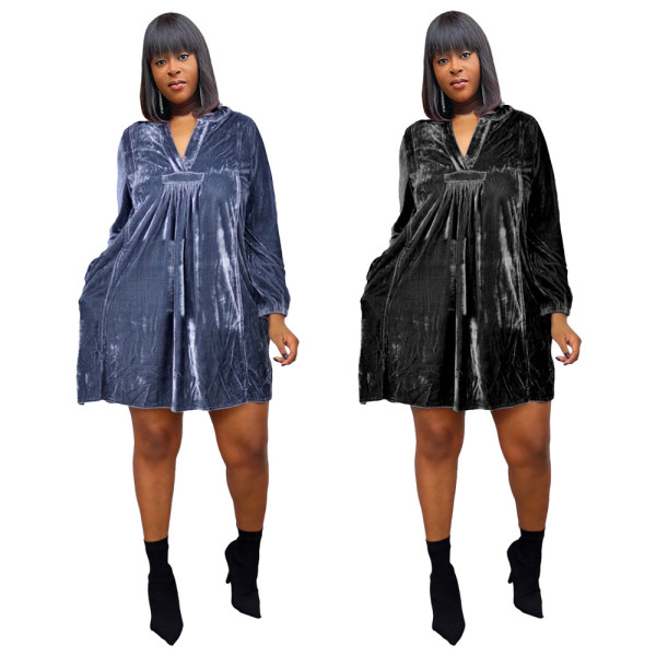 Autumn And Winter Silver Fox Velvet Fashion Solid Color Dress