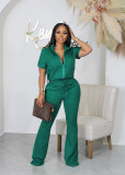 Solid Color Casual High Collar Zipper Jacket Flared Pants Two-Piece Set