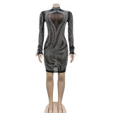 Mesh Perspective Hot Diamond Bubble Beads Long-sleeved Feather Dress