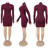 Solid Color High Neck Long Sleeve Hip Sexy Dress