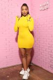 Solid Color High Neck Long Sleeve Hip Sexy Dress