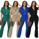 Solid Color Casual High Collar Zipper Jacket Flared Pants Two-Piece Set