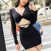 Solid Color Long-sleeved Hollow Tie High Waist Bag Hip Dress