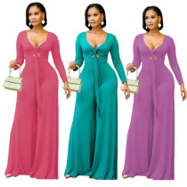 Solid Color Fashion Sexy Casual Tie Long-sleeved Jumpsuit