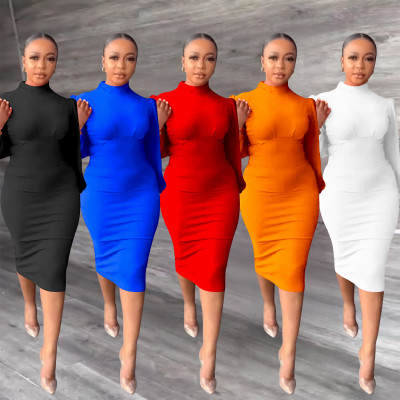 Solid Color Open Sleeve Turtleneck Fashion Dress