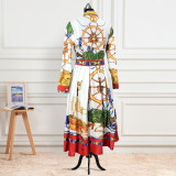 Turn-down Collar Long-sleeved High-waisted Large Size Print Dress